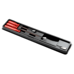 Set of three pry bars with red handles in a black storage case, ideal for automotive and mechanical tasks.
