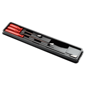 Set of three pry bars with red handles in a black storage case, ideal for automotive and mechanical tasks.