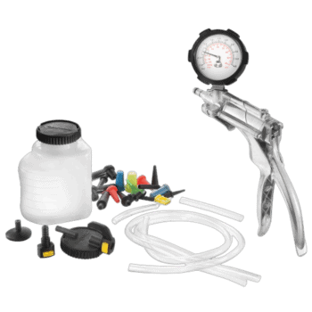 Facom manual pressure and vacuum pump kit with gauge, hoses, and accessories for automotive diagnostics and repairs.