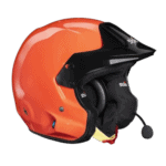Orange Grand Prix racing helmet with black visor and communication microphone for motorsport safety and performance.