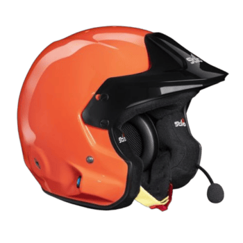 Orange Grand Prix racing helmet with black visor and communication microphone for motorsport safety and performance.