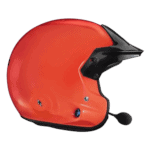 Orange racing helmet with black visor and microphone for motorsport safety and communication.