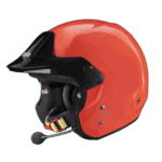 Orange Grand Prix racing helmet with black visor and communication microphone for motorsport safety and performance.