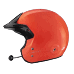 Orange Grand Prix racing helmet with black visor and microphone for motorsport safety and performance.