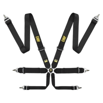Black Grand Prix racing harness with yellow GPR Direct logo, adjustable straps, and metal buckles for motorsport safety.
