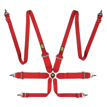Red racing harness with multiple adjustable straps and metal buckles, designed for motorsport safety and driver security.