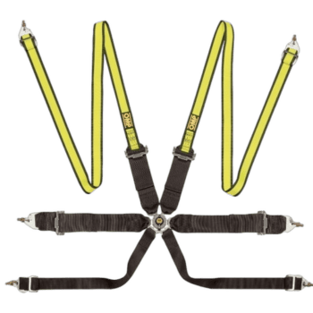 Grand Prix Racewear safety harness with yellow straps and black padding, designed for motorsport safety and driver protection.