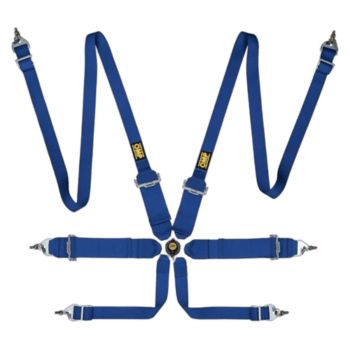 Blue Grand Prix Racewear harness with multiple adjustable straps and metal buckles for motorsport safety.