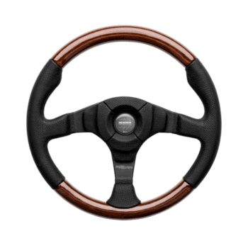 Grand Prix Racewear steering wheel with black grip and wooden rim, designed for racing cars, featuring ergonomic grip and high-quality materials.