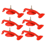 Set of six red suction cups with metal hooks, used for lifting and handling glass or smooth surfaces.