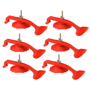 Set of six red suction cups with metal hooks, used for lifting and handling glass or smooth surfaces.