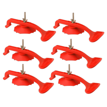 Set of six red suction cups with metal hooks, used for lifting and handling glass or smooth surfaces.