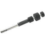 Heavy-duty slide hammer with black rubber grips, used for automotive and mechanical repairs, featuring a long metal shaft and multiple weight attachments.