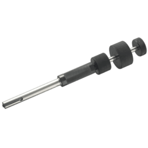 Heavy-duty slide hammer with black rubber grips, used for automotive and mechanical repairs, featuring a long metal shaft and multiple weight attachments.