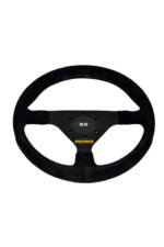 MOMO racing steering wheel for motorsport, black with yellow logo, designed for high-performance racing cars.