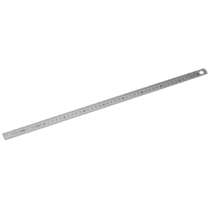 Stainless steel ruler with measurement markings, ideal for precise measurements in engineering and technical tasks.
