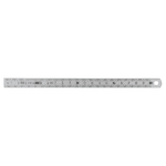 Stainless steel ruler with dual-sided measurement markings on a black background for precise measurements.