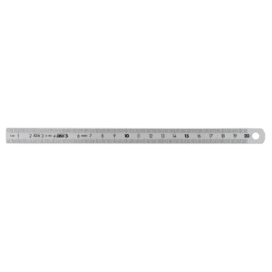 Stainless steel ruler with dual-sided measurement markings on a black background for precise measurements.