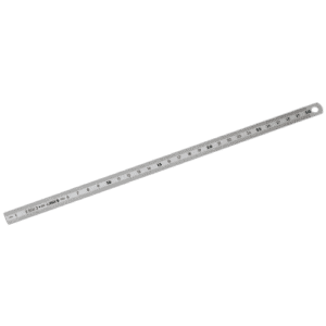 Stainless steel ruler with dual-sided measurement markings for precise measurements in engineering and technical tasks.