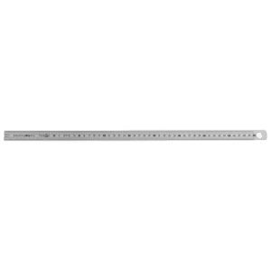 Stainless steel ruler with dual-sided measurement markings for precise measurements.