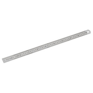 Stainless steel semi-rigid short ruler with dual-sided measurement markings for precise measurements.