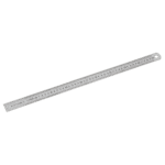 Stainless steel semi-rigid long ruler with measurement markings in millimetres and inches, ideal for precise measurements.