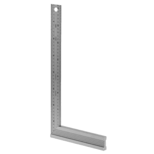 Stainless steel L-shaped square ruler for precise measurements and marking in metalworking and carpentry.