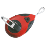 Red and black profile chalk line reel with metal hook and locking mechanism for marking straight lines.
