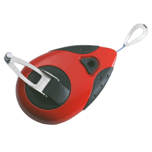 Red and black profile chalk line reel with metal hook and locking mechanism for marking straight lines.
