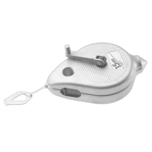 Compact chalk line reel with plum-bob for precise marking, ideal for construction and carpentry tasks.
