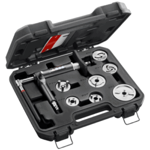 Facom pneumatic disc brake piston pushing and turning tool set in a black case with various attachments for brake maintenance.