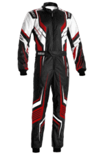 Grand Prix Racewear racing suit in black, white, and red with protective padding and branding for motorsport safety and performance.