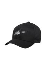 Black Alpinestars racing cap with white logo, designed for motorsport enthusiasts and racewear fans.