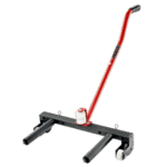 Heavy-duty wheel lift device with red handle and black base for vehicle recovery and transport.