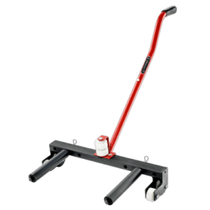 Heavy-duty wheel lift device with red handle and black base for vehicle recovery and transport.