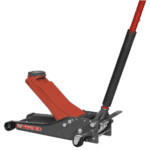 Heavy-duty hydraulic trolley jack with a long handle and a 2-ton capacity, ideal for automotive repairs and maintenance.