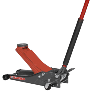 Heavy-duty hydraulic trolley jack with a long handle and a 2-ton capacity, ideal for automotive repairs and maintenance.