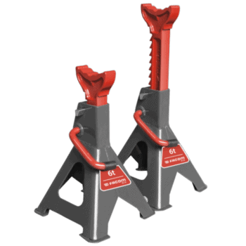 Facom 6-ton axle stands with adjustable height and sturdy construction for vehicle maintenance and repair.