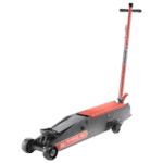 Grand Prix Racewear hydraulic scissor jack for vehicle lifting, black and red design, compact and durable for automotive repairs.