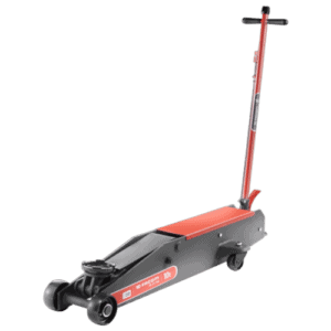Grand Prix Racewear hydraulic scissor jack for vehicle lifting, black and red design, compact and durable for automotive repairs.