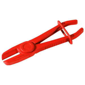 Red plastic hose clamp plier tool for securing and removing hose clamps in automotive and industrial applications.