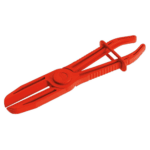 Red plastic hose clamp plier tool for securing and adjusting hose clamps in automotive and industrial applications.