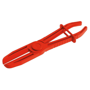 Red plastic hose clamp plier tool for securing and adjusting hose clamps in automotive and industrial applications.