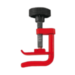 Grand Prix Racewear C-clamp with red frame and black screw for securing hoses or pipes in automotive or industrial applications.