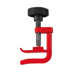 Grand Prix Racewear C-clamp with red frame and black screw for securing hoses or pipes in automotive or industrial applications.