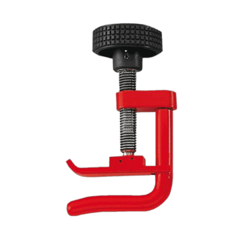 Grand Prix Racewear C-clamp with red frame and black screw for securing hoses or pipes in automotive or industrial applications.