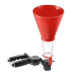 Red funnel with a black handle and trigger, designed for dispensing liquids in automotive or industrial settings.