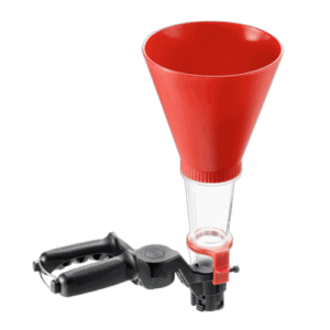 Red funnel with a black handle and trigger, designed for dispensing liquids in automotive or industrial settings.