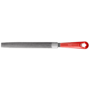 Red-handled metal rasp tool for shaping and smoothing materials, ideal for professional racing car maintenance and bodywork.