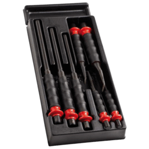 Set of Facom drift punches and chisels in a black plastic case, designed for precision metalworking and automotive tasks.